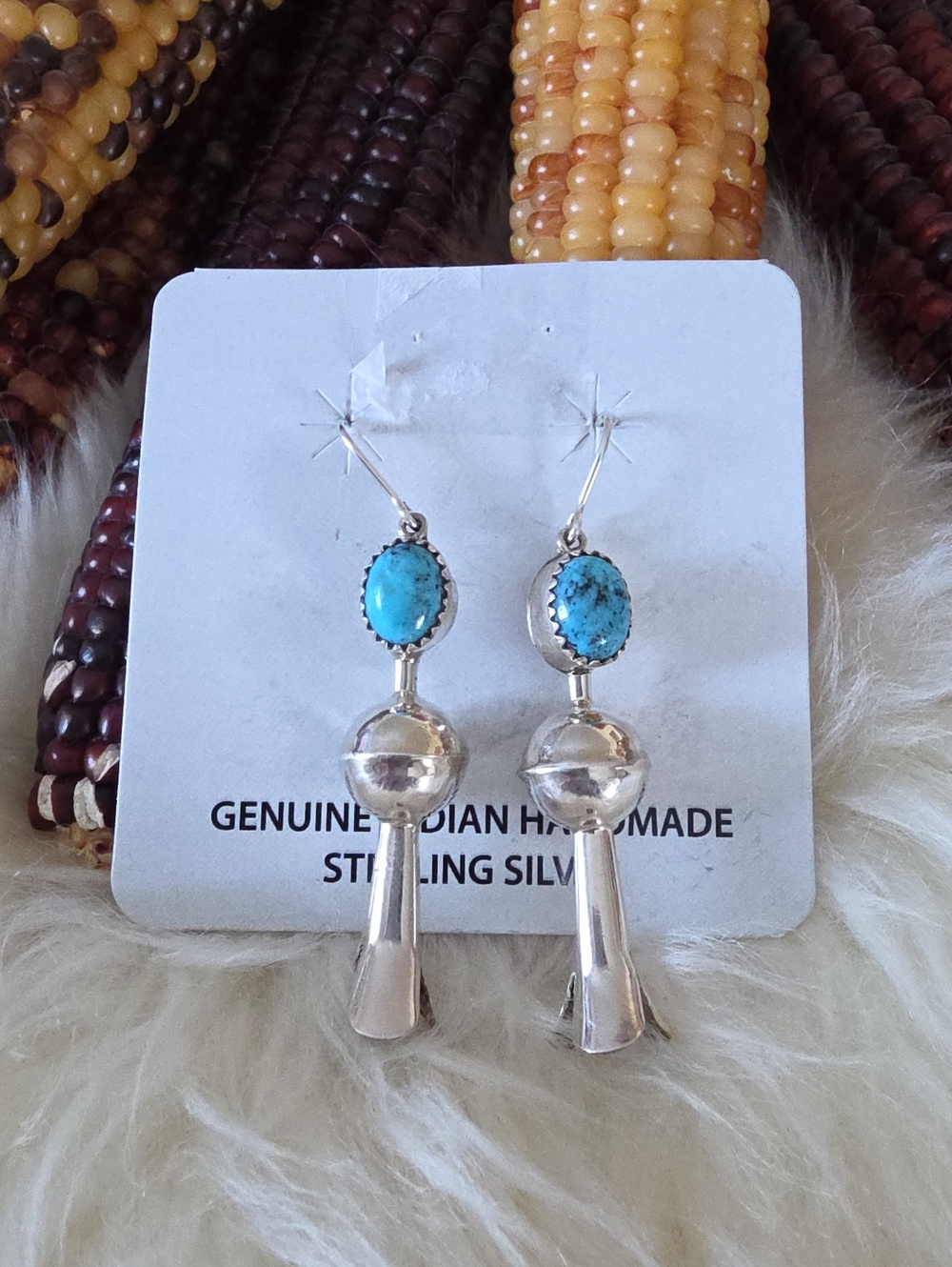 Gorgeous NWT Native American Navajo Turquoise Squash Blossom Dangle Earrings🩵🩶